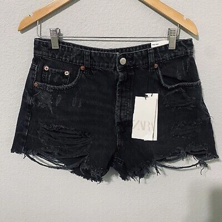 Zara New Black High Waisted Bohemian Distressed Ripped Shorts 100% Cotton Size 8 | eBay