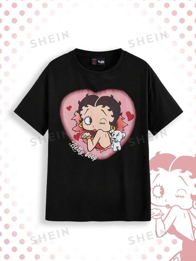 Betty Boop | ROMWE Women's Casual Oversized T-Shirt With Cartoon Character And Letter Print, Summer | SHEIN USA
