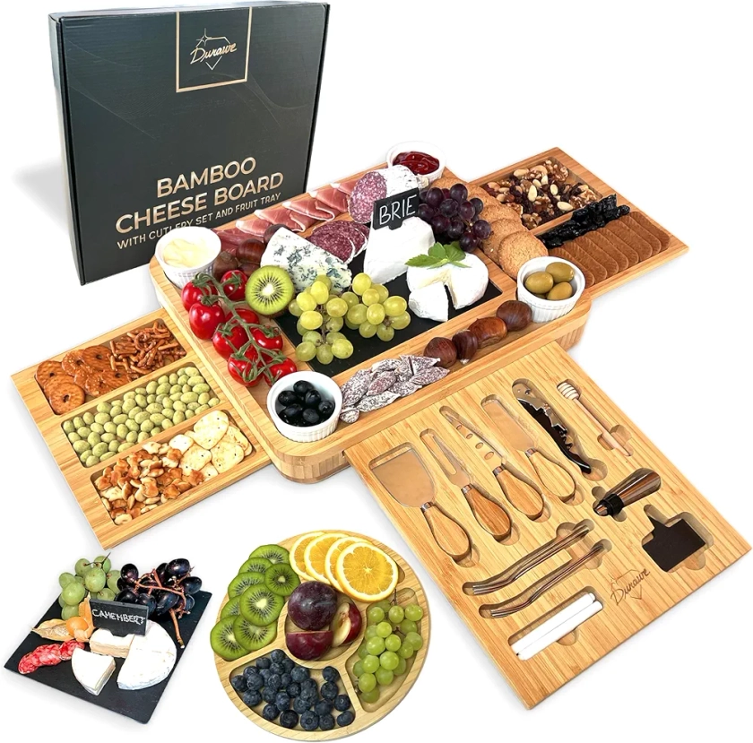 Plateau à Fromage en Bambou, Set de Couteaux, Bols en Céramique et Ouvre-vin - Plateau Charcuterie Bois, Choix Parfait pour Gourmets, Cadeaux d'anniversaire, Cadeaux de Noël pour Femmes, Très Grand