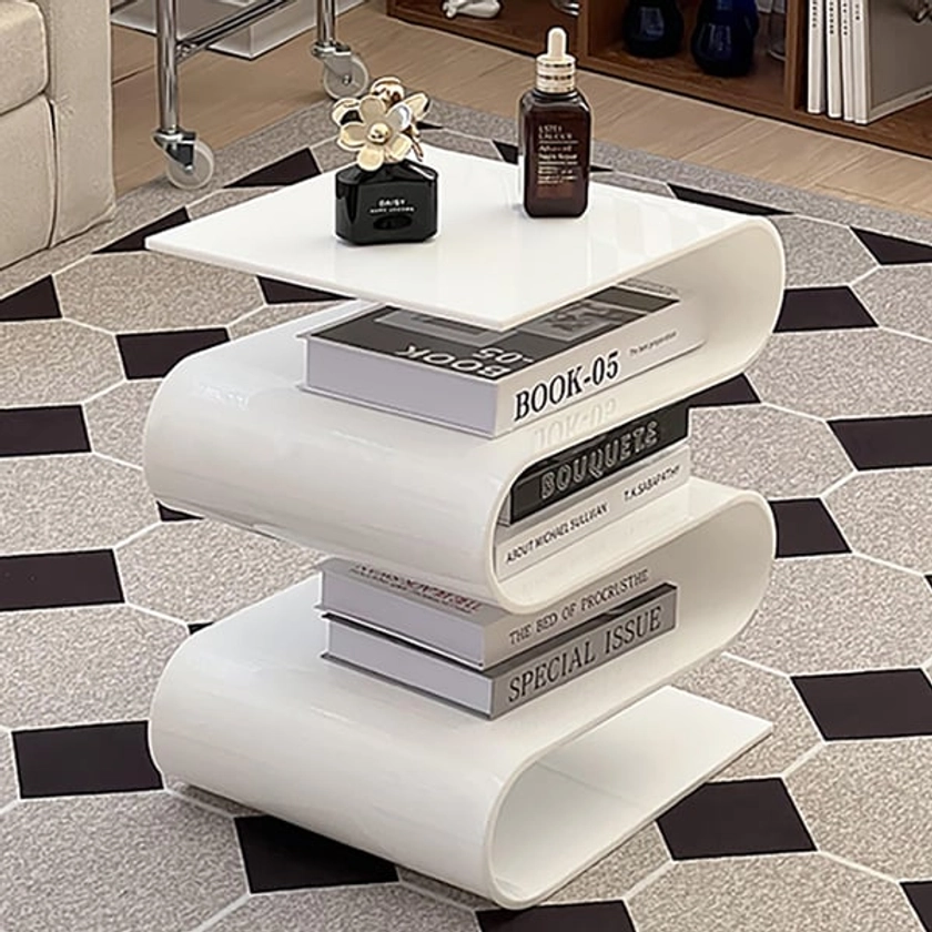 Table d'appoint en acrylique blanc avec rangement, table d'appoint en forme ondulée
