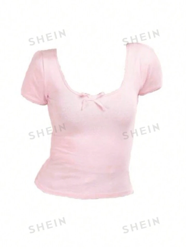 SHEIN EZwear Women's Summer Pink Knit Short Sleeve Top With Bow Decoration