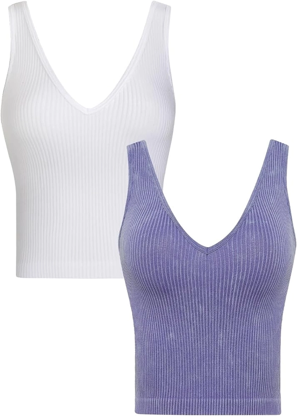 lemonsky Ribbed Tank Tops for Women, V-Neck Seamless Stretchy Camisole Tank Tops