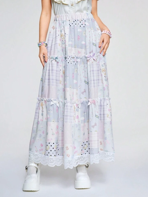 Kawaii Women's Patchwork Print Skirt With Lace Hem