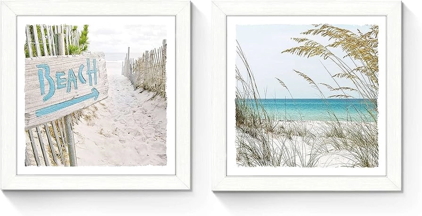Amazon.com: Framed Coastal Gallery Wall Art: Beach Theme Collection Ocean Pictures Prints Set of 2 Wall Decor for Bathroom (Multi-Style): Posters & Prints