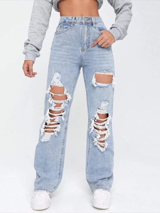 Is That The New Light Washed Cut Out Ripped Straight Leg Jeans ??| ROMWE UK