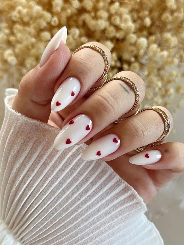 24pcs/set Romantic Red Simple Style Almond-shaped False Nails For Finger Wear + 1pc Nail Buffer + 1pc Jelly Gel
