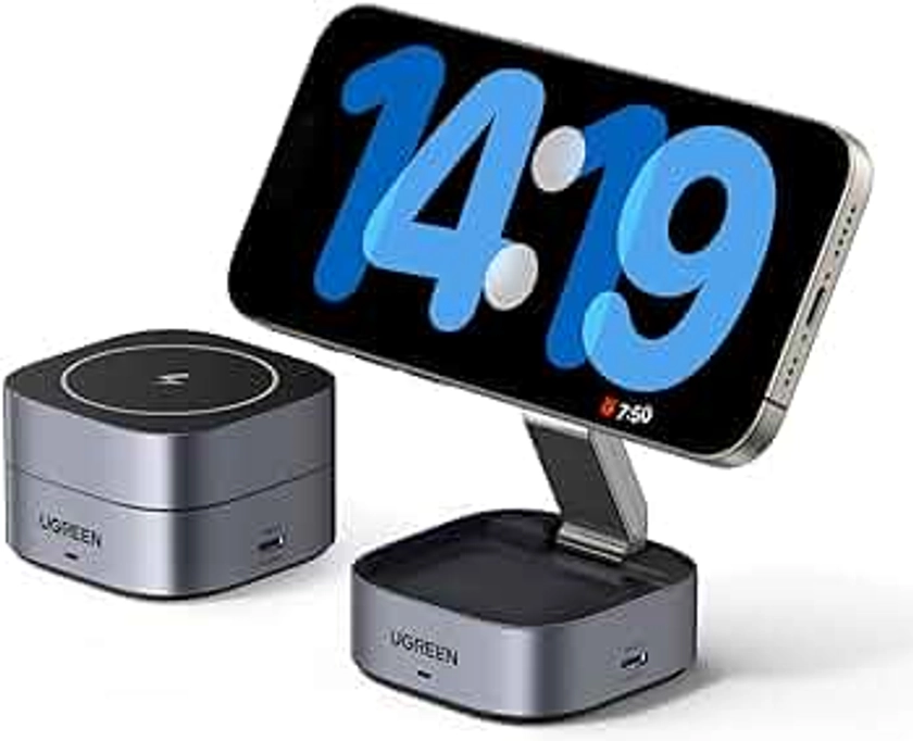 UGREEN Qi 15W Chargeur Induction iPhone Chargeur sans Fil Magnétique 2 en 1 Station de Charge Rapide Support Chargeur iPhone Compatible avec Magsafe iPhone 15 14 13 12 Séries AirPods Pro 3 2