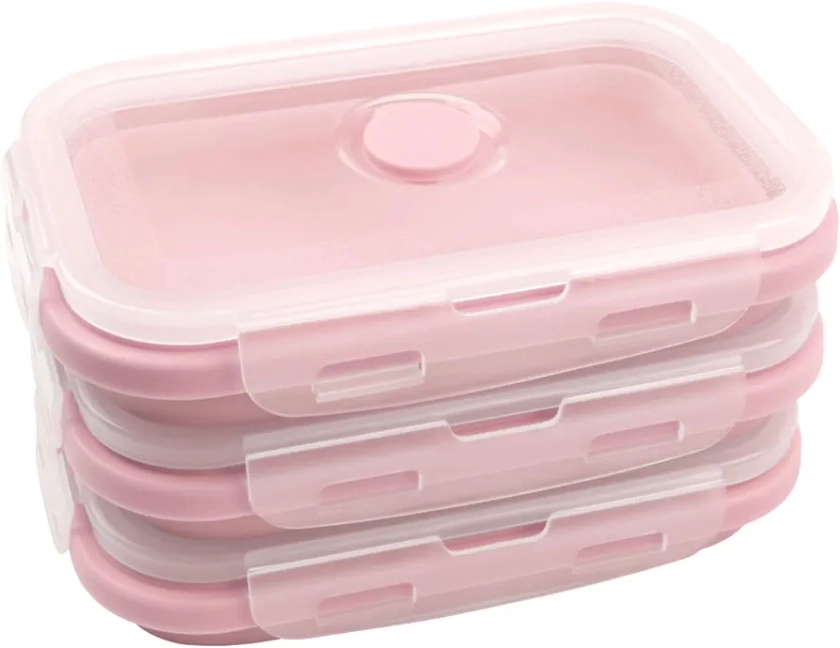 OITUGG Collapsible Food Containers set of 3 pcs - 350ml Fresh Fold Food Containers - Collapsible Lunch Box Silicone Tupperware with Lids, BPA Free, Leakproof, Easy Clean, Microwaveable, Pink