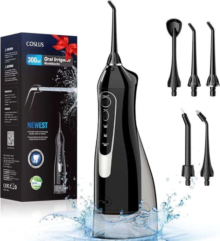Water Dental Flosser for Teeth Cordless: COSLUS Portable Oral Irrigator 300ML 5 Jet Tips Rechargeable Tooth Flosser Teeth Braces Pick IPX7 Waterproof Irrigation Cleaner for Travel Home