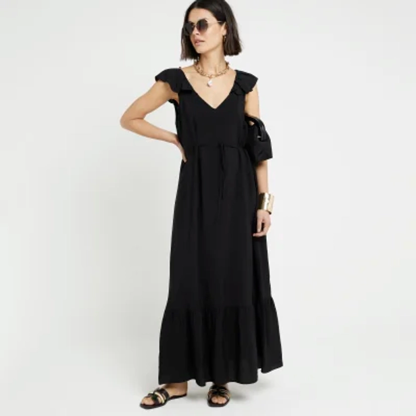 Black belted frill sleeve shift maxi dress | River Island