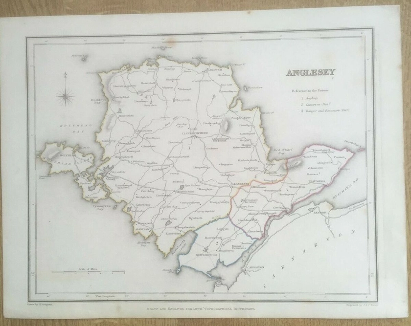 ANTIQUE COUNTY MAP OF ANGLESEY C1831 SAMUEL LEWIS ENG J&amp;C WALKER/CREIGTON