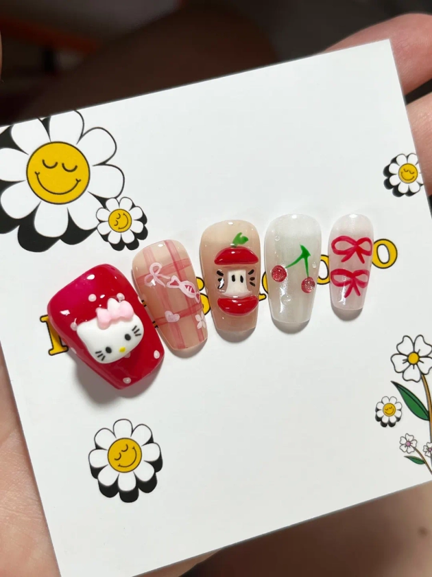 Cute Red Cat Press on Nails, Kitten Fake Nails, 3D Kawaii Luxury Hand-made, Reusable, Almond/coffin/square/stiletto Nails - Etsy