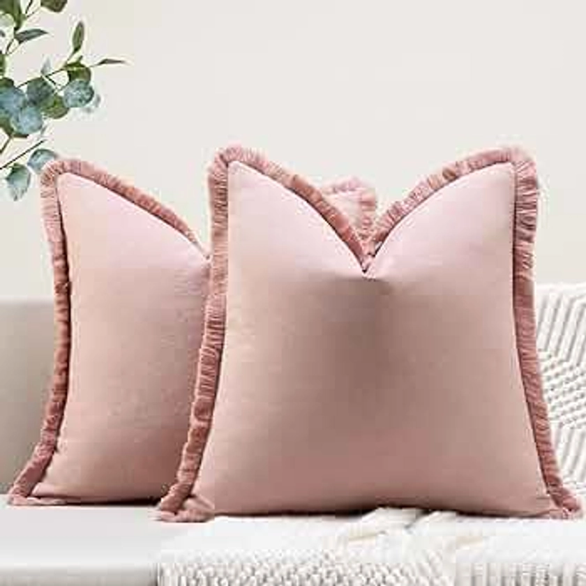ZWJD Farmhouse Pillow Covers 18x18 Set of 2 Dust Pink Throw Pillow Covers with Fringe Chic Cotton Decorative Pillows Square Cushion Covers for Sofa Couch Bed Living Room Boho Decor