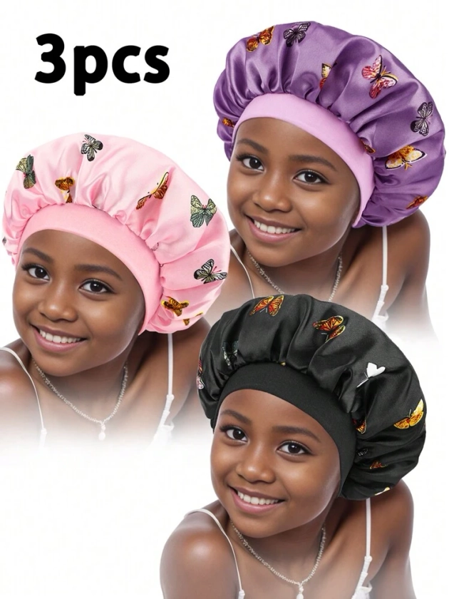 Bonnets Imprimés Papillon À Large Bord Pour Enfants, 3 Pièces, Avec Bande Élastique, Couvre-chef Élégant Pour Un Usage Quotidien Et Le Sommeil