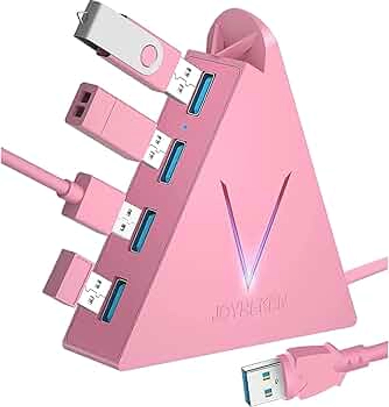 4-Port USB 3.0 Hub, FlyingVHUB Vertical Data USB Hub with 2 ft Extended Cable, for Mac, PC, Xbox One, PS4, PS5, iMac, Surface Pro, XPS, Laptop, Desktop, Flash Drive, Mobile HDD(Pink)