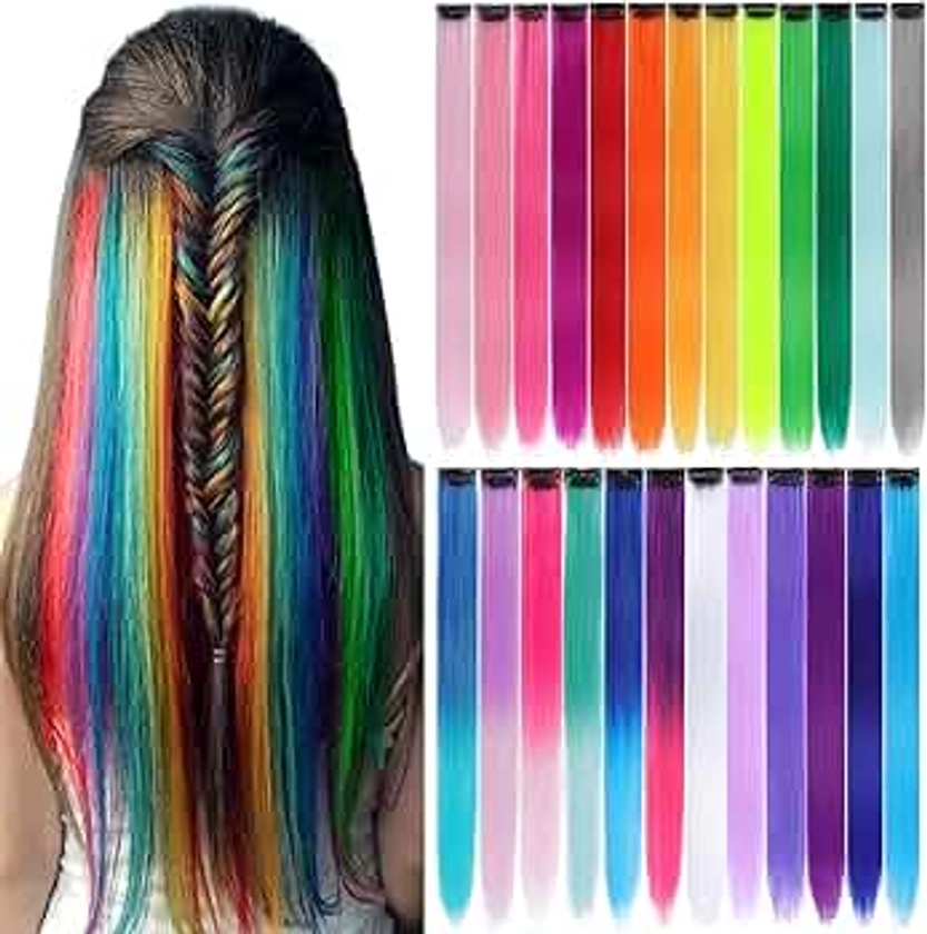 25 Pack Colored Party Highlights Clip in Hair Extensions for Women Kids Girls 22 inches Multi-colors Straight Hair Synthetic Hairpieces In The Party(25 colored)