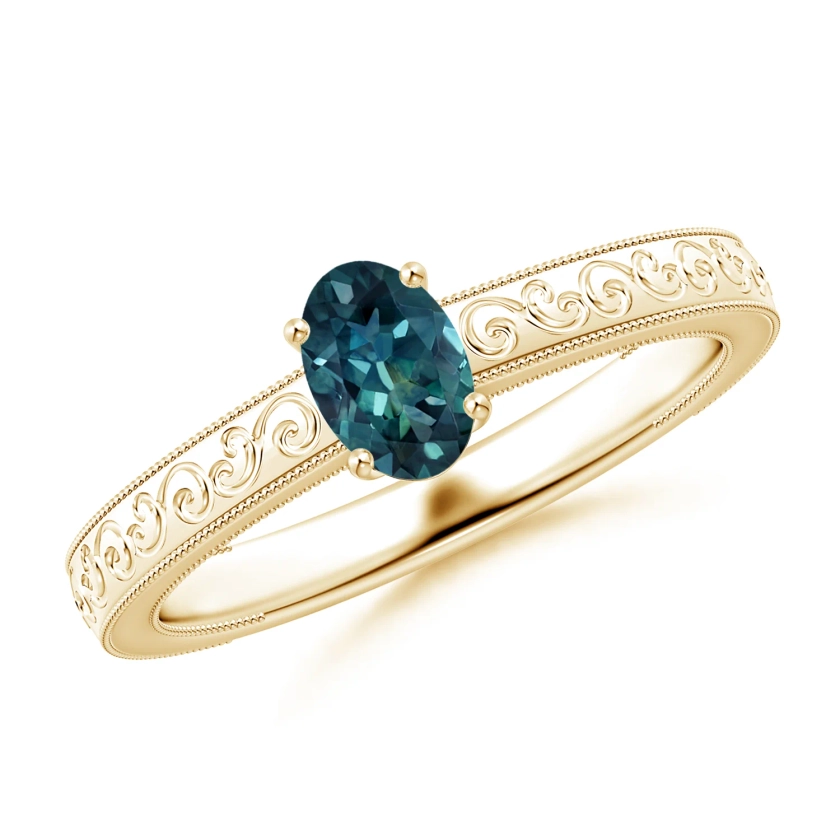 Vintage Inspired Teal Montana Sapphire Ring with Engraved Shank | Angara