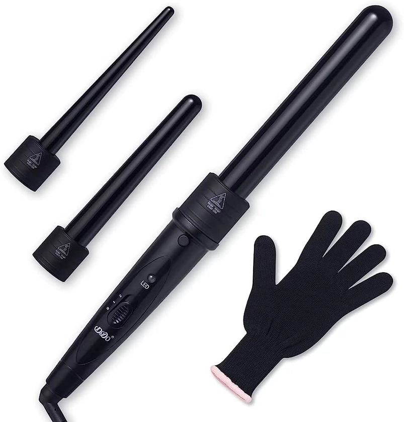 Tourmaline 3 in 1 Curling Wand Set with 3 Interchangeable Curling Iron Ceramic Barrels with Heat Resistant Glove – Black