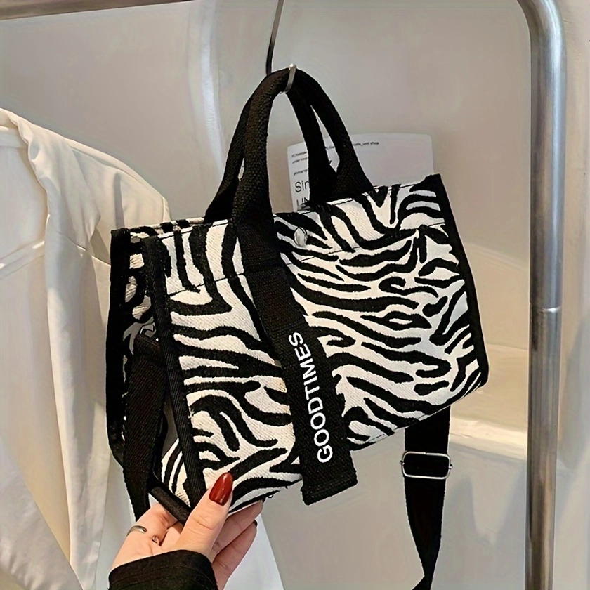 Zebra Striped Canvas Tote Bag, Trendy Letter Belt Crossbody Bag, Women's Snap Button Handbag