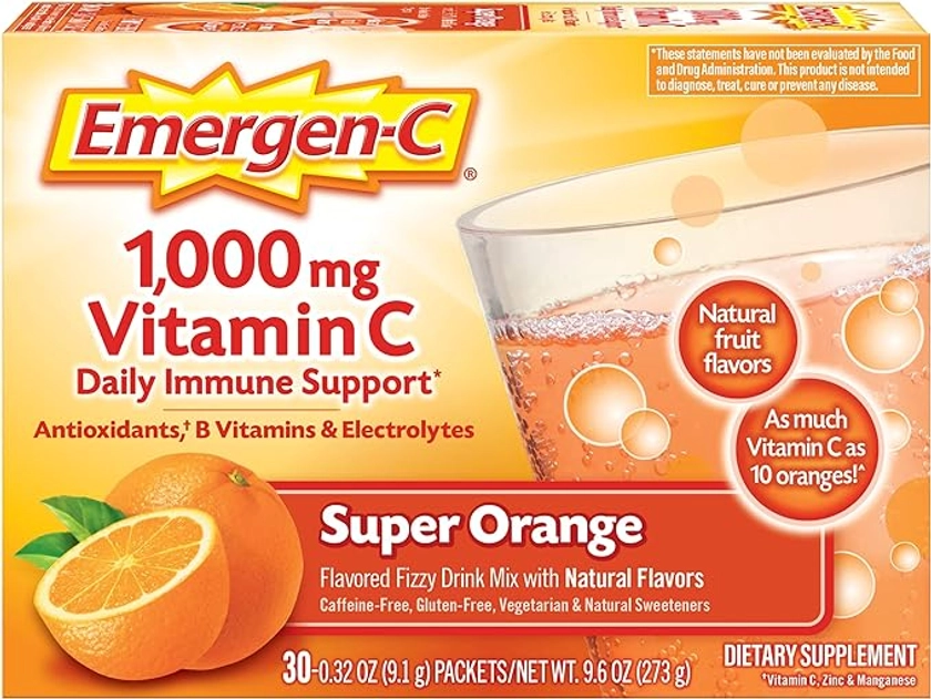 Amazon.com: Emergen-C 1000mg Vitamin C Powder for Daily Immune Support Caffeine Free Vitamin C Supplements with Zinc and Manganese, B Vitamins and Electrolytes, Super Orange Flavor - 30 Count : Health & Household