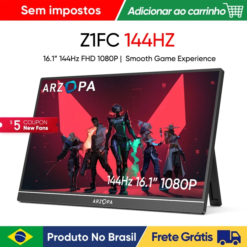 [produto no brasil] Novo ARZOPA 16.1 polegada 100% sRGB 144Hz Monitor de Jogos Portátil Display Laptop com Tipo C Mini HDMI Para PS4/5 Steam Deck Switch XBOX PC Mac, Z1FC