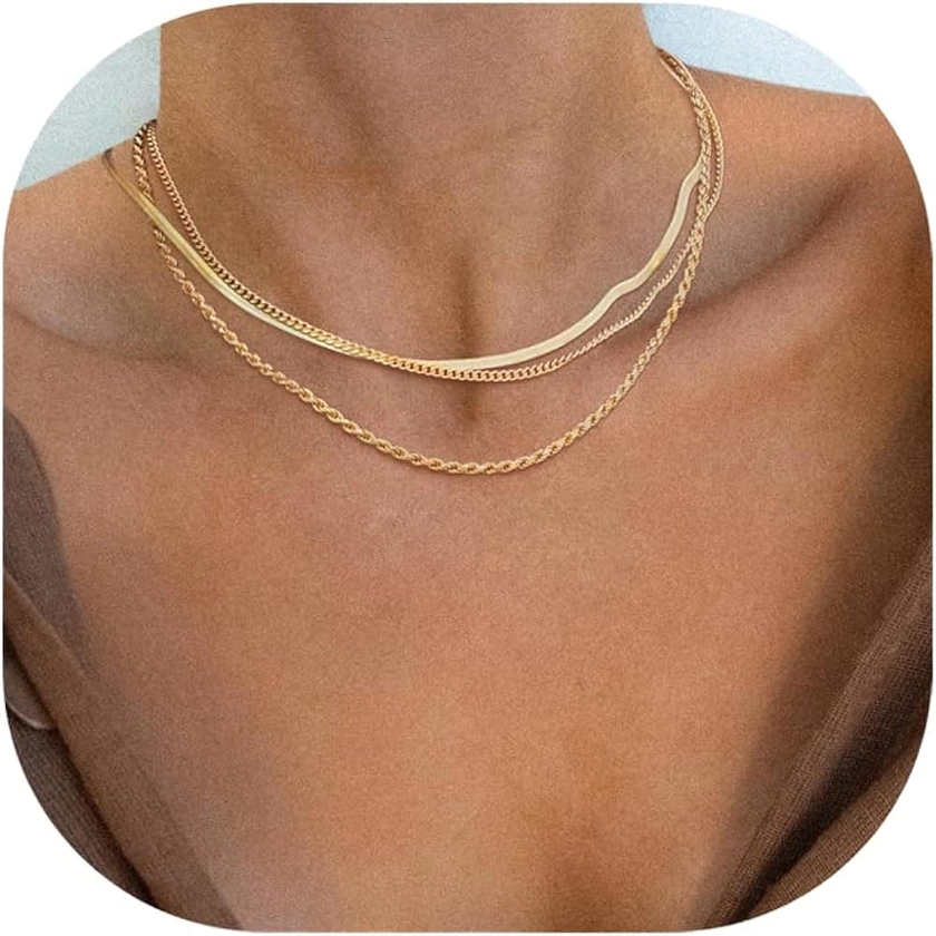 Herringbone Necklace for Women,Dainty Gold Necklace,14k Gold Plated Snake,Gold Chain Choker Necklaces,Simple Gold Layered Necklaces,Gold Jewelry Gift for Women