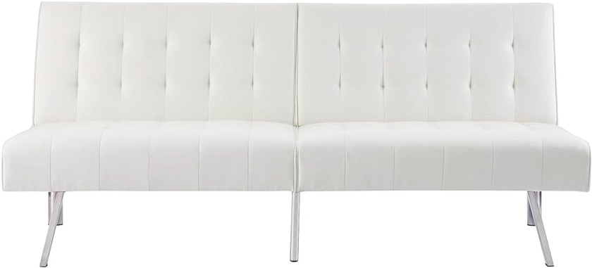 Naomi Home Tufted Split Back Futon Convertible Sofa Bed, Futon Couches for Living Room, Linen Futon Couch Bed with Chrome Legs, Folding, Reclining Small Convertible Sofa Bed, White