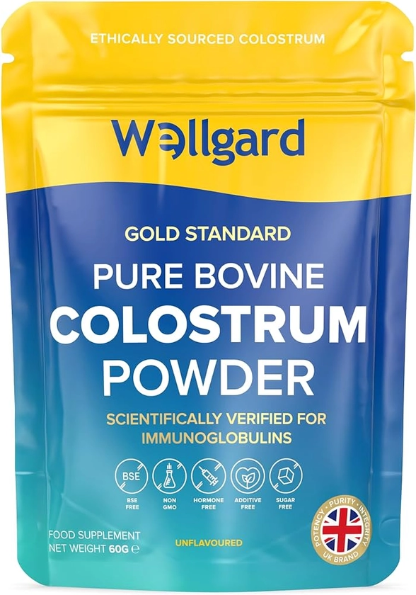 Wellgard Pure Colostrum Powder, High Levels of Immunoglobulin G (IgG), Unflavoured, GMO-Free, Hormone-Free, 60g
