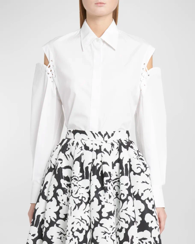 Alexander McQueen Button-Front Blouse with Lace-Up Sleeve Details