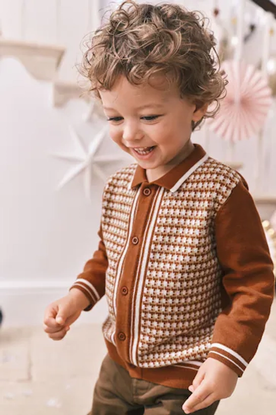 Buy Rust Brown Geometric Long Sleeve Patterned Knit Polo Shirt (3mths-7yrs) from the Next UK online shop