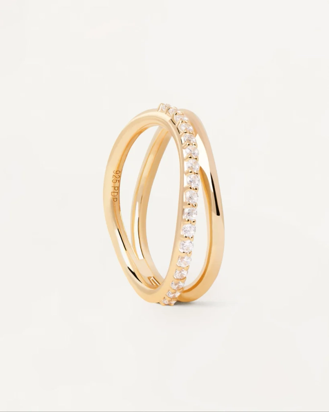 Gold-plated ring with 2 wavy bands: plain and a zirconia eternity band | Twister Ring | PDPAOLA