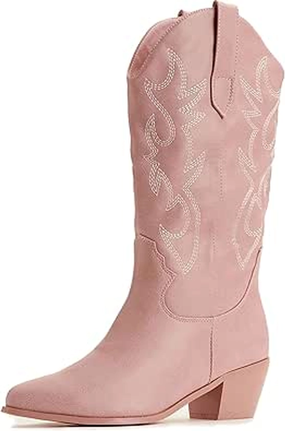 Amazon.com | MUCCCUTE Cowboy Boots for Women Cowgirl Boots Wide Calf Pointed Toe Embroidered Fashion Retro Western Chunky Knee High Boot Pull On | Mid-Calf