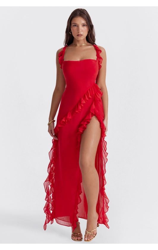 Clothing : Maxi Dresses : 'Ariela' Cherry Ruffle Maxi Dress