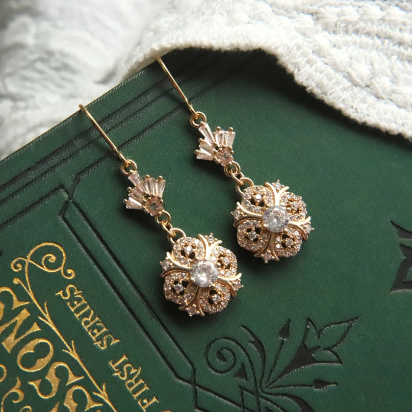 Victorian Earrings Gold, Regency Jewelry, Diamond Earrings Dangle and Drop Earrings Zirconia Art Nouveau Earrings For Women Mother Gifts