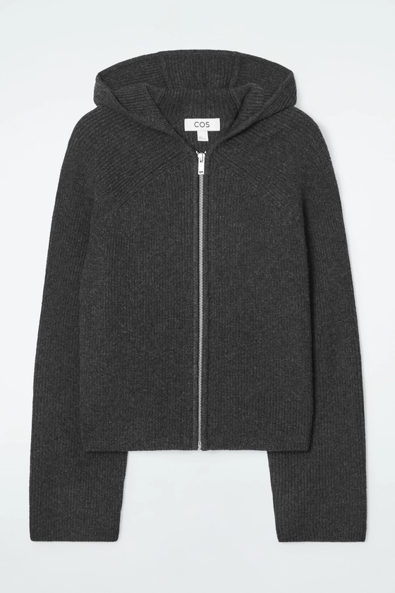 RIBBED MERINO WOOL HOODED JACKET - CHARCOAL - COS