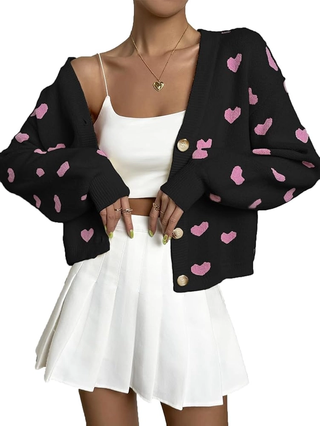 Verdusa Women's Long Sleeve Print Button Front V Neck Knit Sweater Cardigan