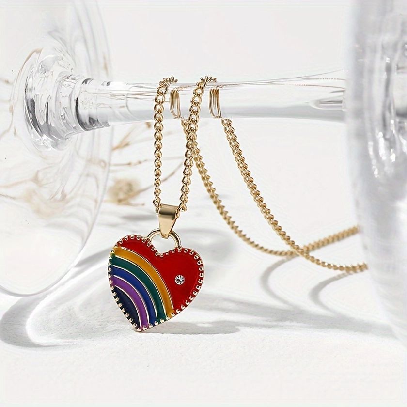 1pc Zinc Alloy & Rhinestone Inlaid Rainbow Heart-shaped Pendant Necklace, Daily Wear For Women