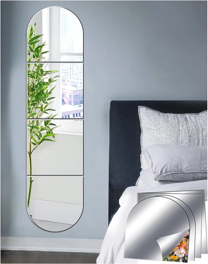 Sqinor Self Adhesive Acrylic Mirror Stick On Full Length Mirrors, Sticky Plexiglass Mirror Tiles Mirror Wall Stickers Door Full Body Mirror Long Wall Mirrors for Bedroom Living Room Gym Hallway Walls