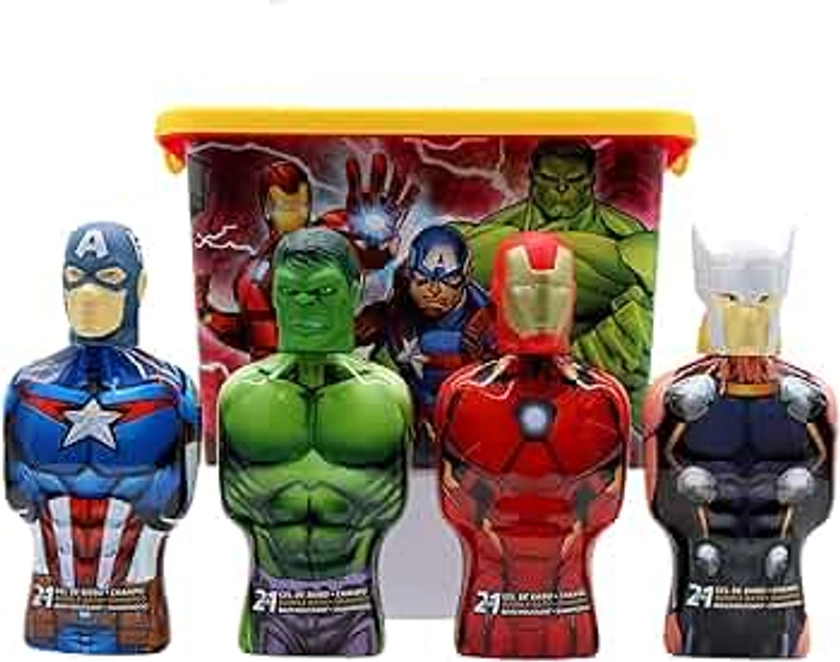 Avengers Gift Set for Kids, Includes Storage Click Box (7 L), 3D Figure 2-in-1 Bubble Bath & Shampoo (4 x 350 ml)