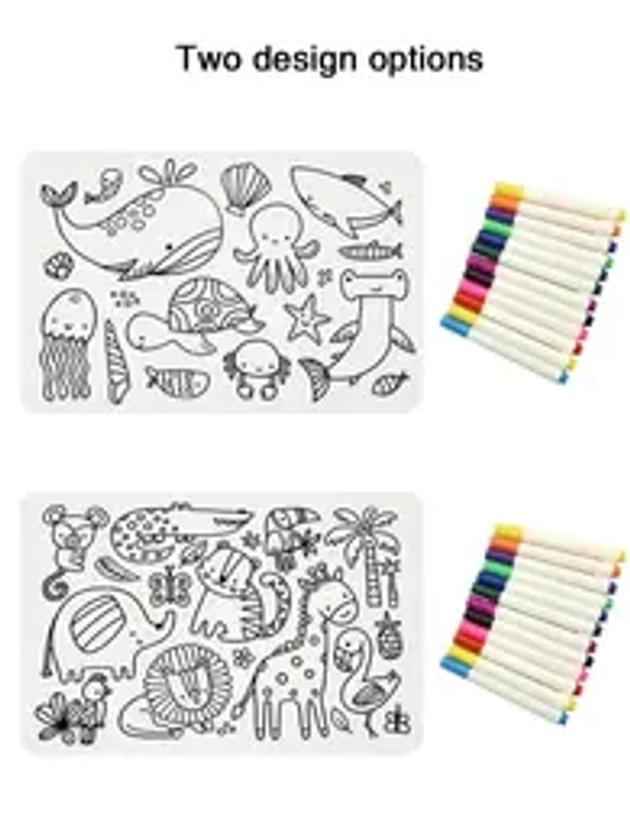 Sensory Junction 2 Pack Silicone Washable Colouring Placemat For Kids With Coloured Pens - Wipe Clean Reusable - Eco Friendly - Food Grade Silicone