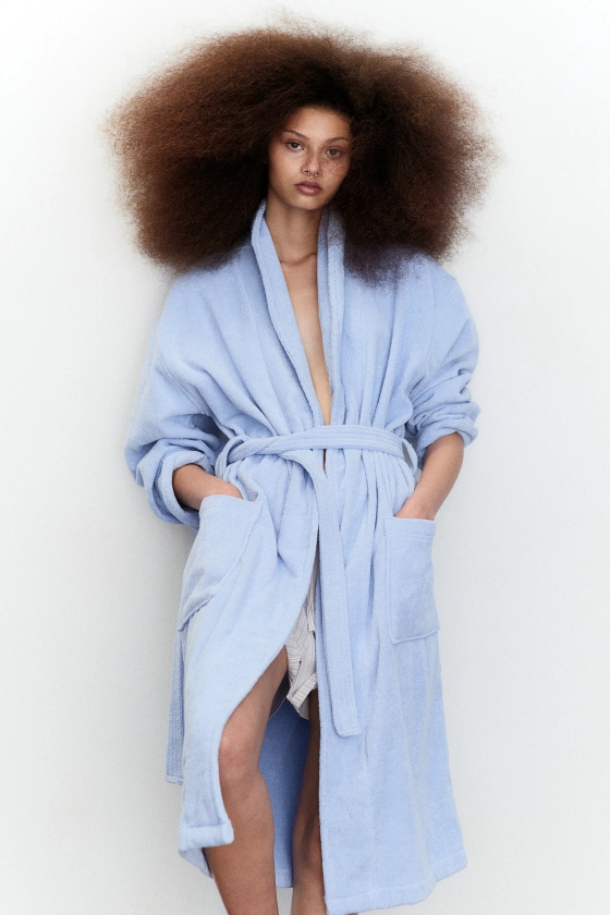 Cotton terry dressing gown - Long sleeve - Midi - Light mole - Home All | H&M GB