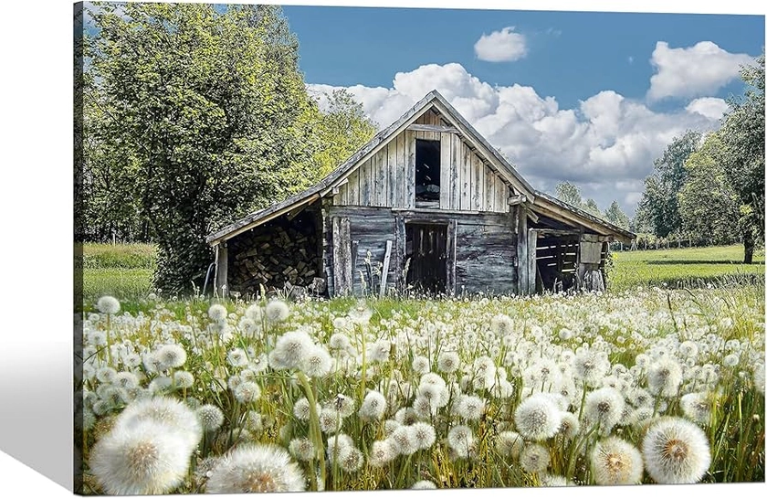 Barn Canvas Wall Art Picture: Farmhouse Rustic Home Print Decor Farm Country Scene Artwork Countryside Flower Painting for Bedroom Bathroom Living Room