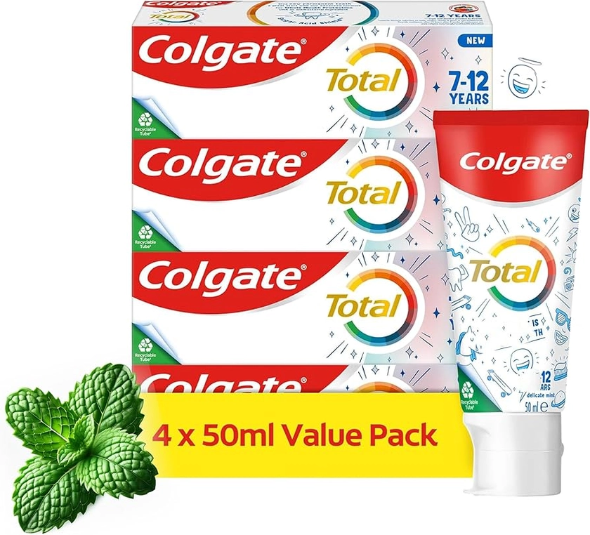 Colgate Total Toothpaste for Kids 7-12 Years | 4 Pack 50ml tubes | Whole mouth protection | Mild mint flavour | Fluoride toothpaste