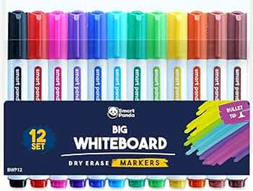 Smart Panda 12 Big Whiteboard Pens Bullet Tip Whiteboard Markers – Dry Erase Markers, Perfect for Home, School or Office - 12 Set Assorted Colours