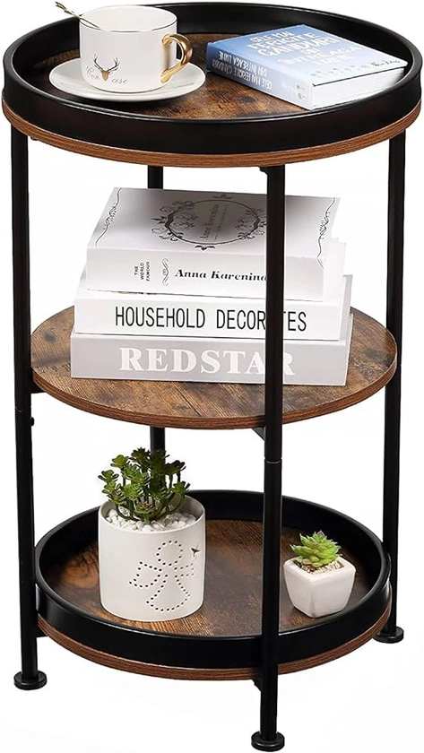 YEAKOO Industrial Nordic End Table, 3-Tier Round Side Table with Storage Shelf Edge Protection Tray, Sturdy Metal Frame Coffee Table Bedside Table for Living Room Bedroom Small Spaces/Rustic Brown : Amazon.co.uk: Home & Kitchen