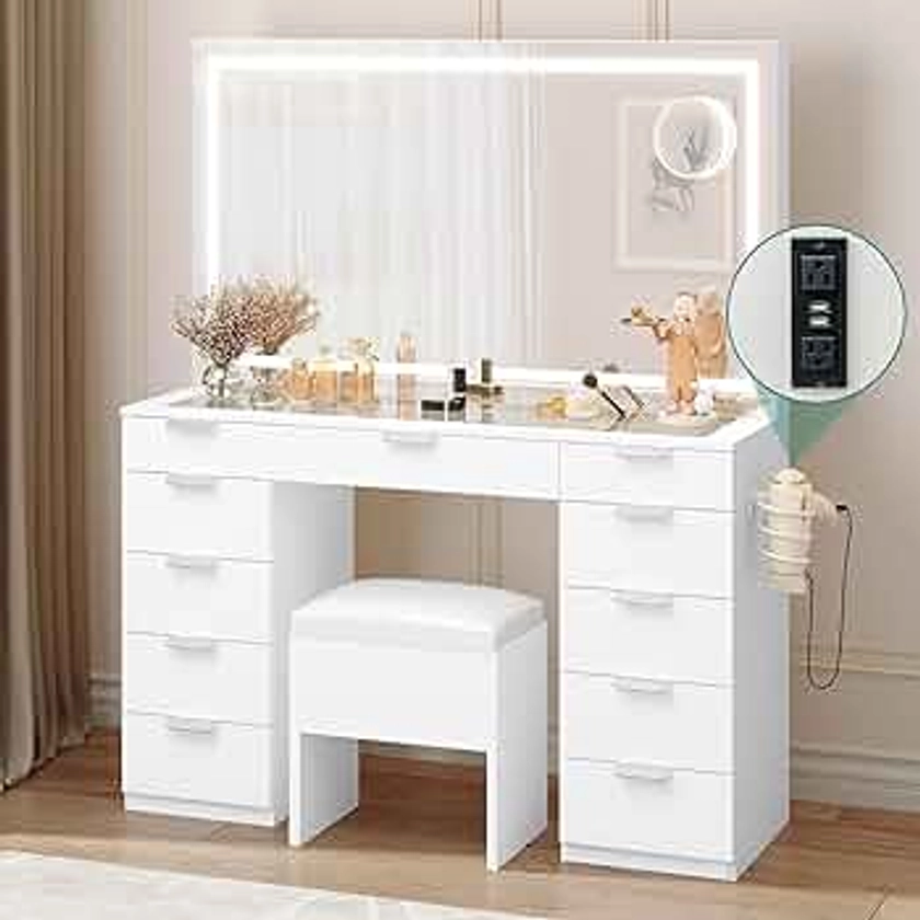 YITAHOME Vanity Desk Set with Large LED Lighted Mirror & Power Outlet, Glass Top Vanity with 11 Drawers and Magnifying Glass, 46'' Makeup Vanity with Storage Bench for Bedroom, White