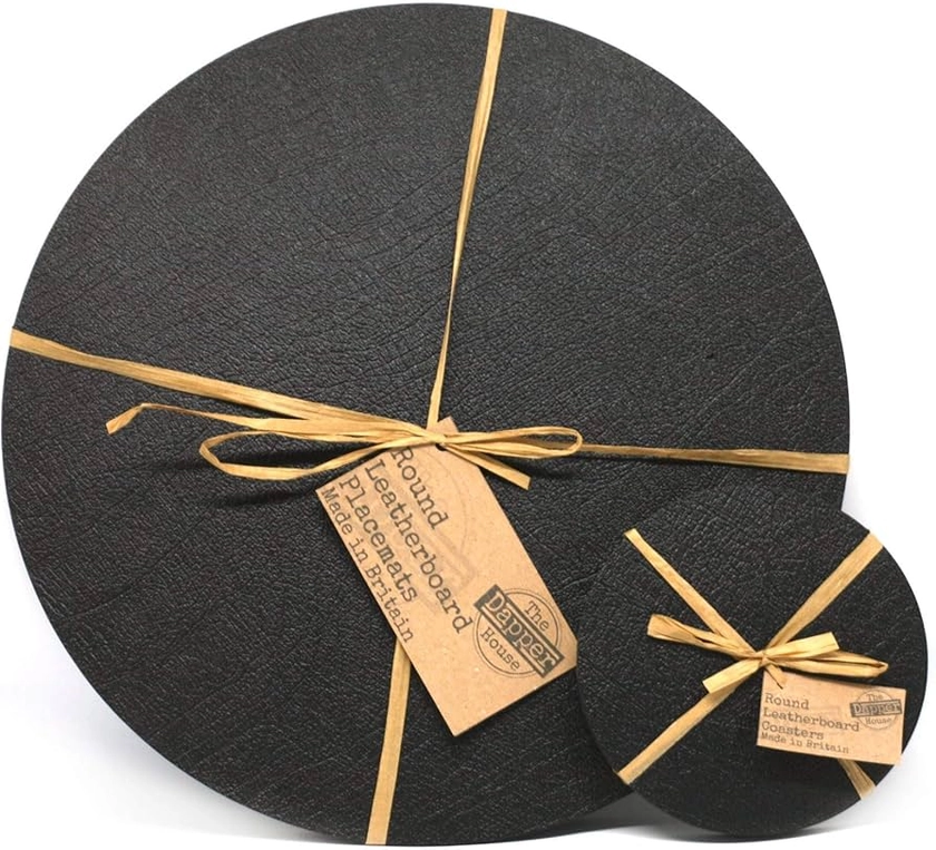 The Dapper House Set of 4 Classic Black Leatherboard Round Placemats and 4 Coasters - Made in UK