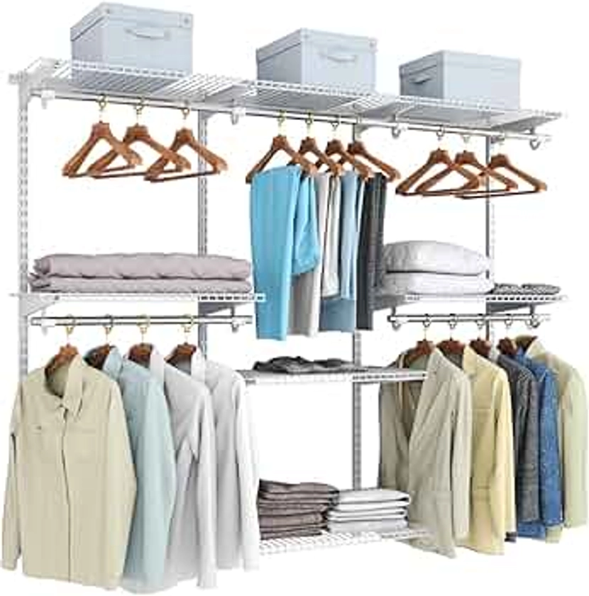 COSTWAY Closet Organiser System, Wall-Mounted Adjustable Metal Rail Garment Rack, Space Saving Clothes Storage Unit for Wardrobe and Bedroom (White, 4 Hanging Rods + 6 Storage Shelves)