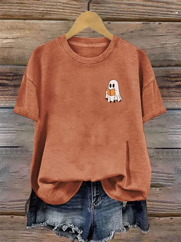 Women's Cute Ghost Reading Round Neck T-Shirt - Orange / M