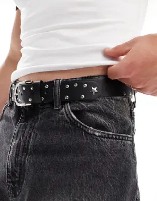 ASOS DESIGN faux leather belt with stars and studs in black